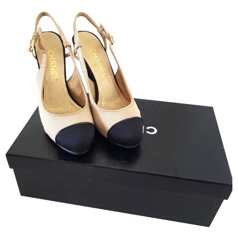 chanel beige black heels|Chanel slingback beige and black.